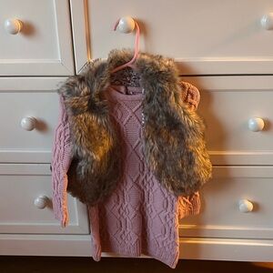 Pink Knit Dress with Faux Fur Vest